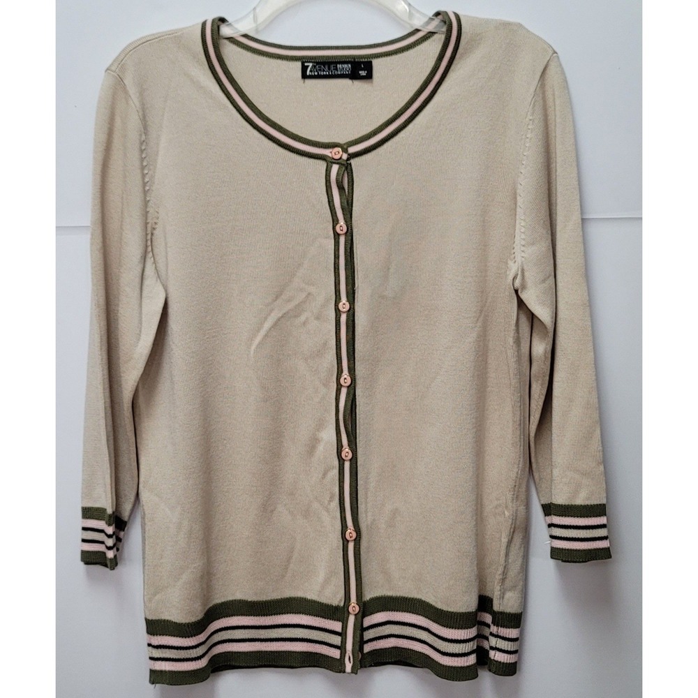 7th Ave NY Co Beige Striped Trim Cardigan Sweater Women L Preppy Academia Office